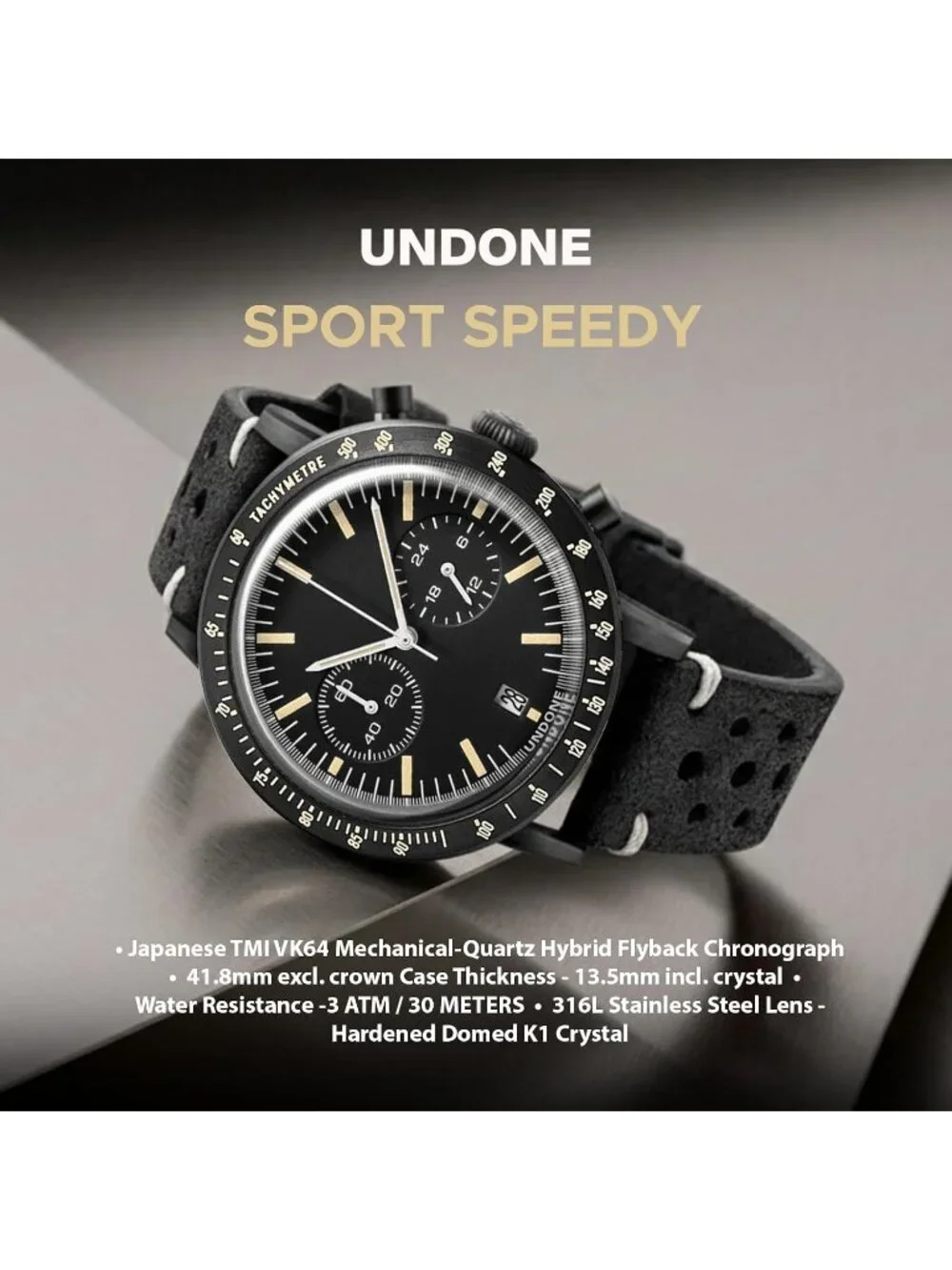 Undone Urban Collection Chronograph Mens Black Dial Black Racing Leather Strap A